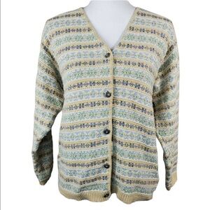 LL Bean Vintage Women's Cardigan Sweater Size S Yellow Fair Isle Cotton Linen